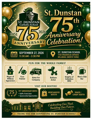 St. Dunstan 75th Anniversary Celebration flyer — September 27, 2026, 11:30 AM to 3:30 PM, St. Dunstan School North Yard